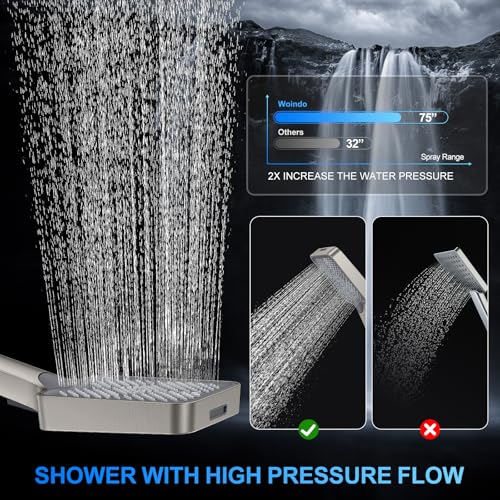 Image of Woindo Shower Faucet Set, 12 inch Wall Mount Rainfall Shower System with 2 Rain Shower Head and Multi-function Handheld Head Push Button Diverter Shower Faucet Trim Kit