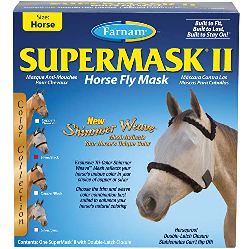 Farnam SuperMask II Shimmer Weave Mesh Horse Fly Mask Without Ears, Eye Protection from Insect Pests, Soft Silver Mesh with Black Plush Trim, Horse Size