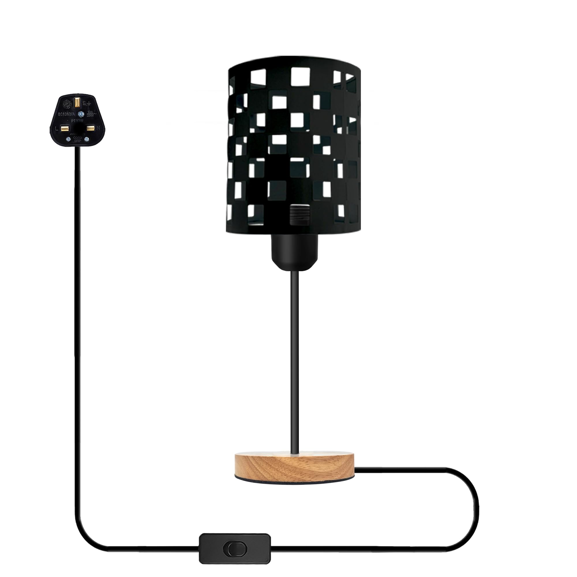 DC VOLTAGE Wooden Stand Bedside Table Lamp Night Wood Desk Metal Barrel Cage 3 Pin Plugin On/Off Switch Control Lamp