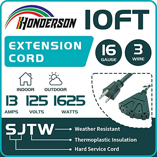 Honderson 10 Ft Outdoor Extension Cord With 3 Electrical Power Outlets - 16/3 Sjtw Durable Green Cable With 3 Prong Grounded Plug For Safety,Ul Listed #TOP1