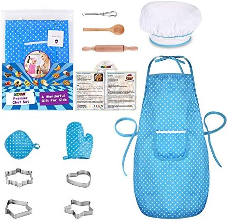 11Pcs Chef Set for Kids, Kitchen Baking Set, Dress Up Role Play Toys, Apron, Chef Hat, Oven Mitt, Wooden Spoon, Cookie Cutters for Little Girl's Gift - Blue