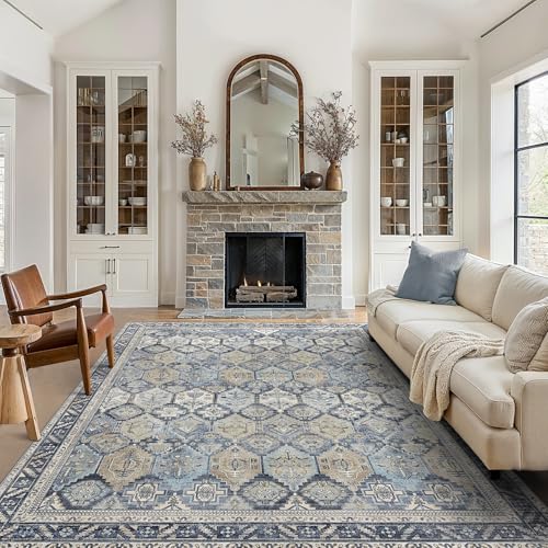 GENIMO 3x5 Area Rugs for Living Room, Machine Washable Non Slip Vintage Rugs, Low Pile Lightweight Chenille Print Rug for Bedroom, Dining Room, Home Office, Brown Blue