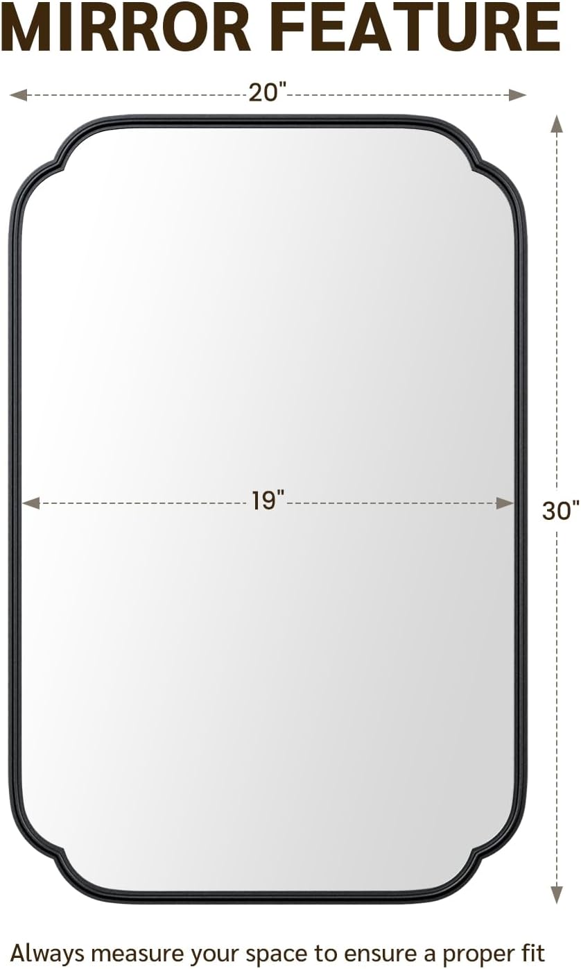20” x 30” Black Bathroom Vanity Mirror, Rectangle Rounded Corner Bathroom Wall Mirror, Aluminum Framed, Tempered Glass, Modern Decorative Mirrors for Over Sink, Vertical or Horizontal Hanging