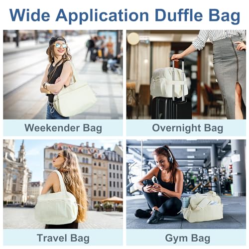 Puffer Gym Bag for Women, Travel Duffle Bag for Airplanes with Wet Pocket, Small Weekender Bags for Women, Carry on Workout Overnight Duffel Bag for Hospital, Sport, Yoga, White2