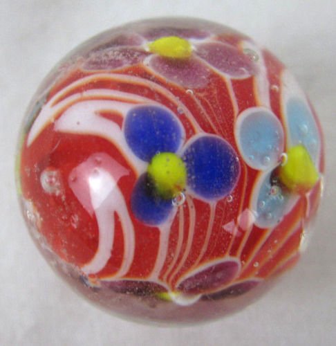 Big Game Toys~22Mm (7/8") Dahlia Hand Made Art Glass Marble W/Stand Clear/Red/Blue/Pink Flower #TOP3