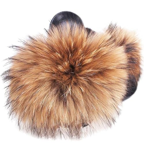 Image of Big Faux Fur Slides, Furry Slippers for Women Fuzzy Fluffy Sandals Shoes