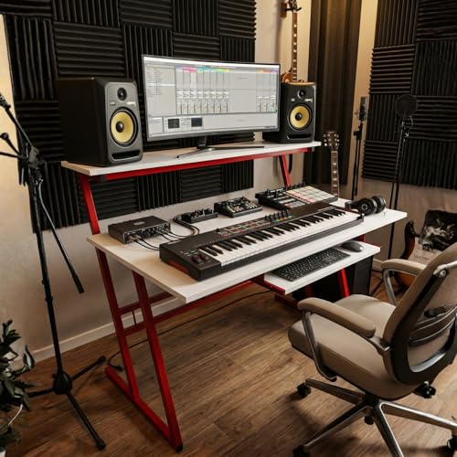 Image of FFO Music Studio Desk with Keyboard Tray Multipurpose Office & Study Table | Workstation Desk for Home, Office, Music Studio, Piano & Instruments Durable Desk with 1 Year Warranty DIY - White /Red