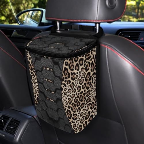 Image of Talayituse Leather Texture Leopard Pattern Car Trash Can with Lid, Leak Proof Auto Trash Bag Hanging Vehicle Garbage Can Multipurpose Storage Container for Back Seat Road Trip