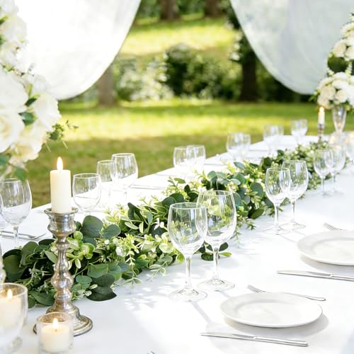 Zfaron Eucalyptus Garland with White Flowers 4Pack: 5.9Ft Artificial Faux Greenery Vines for Table Runner Wedding Bedroom Mantle Centerpieces Backdrop Decorations