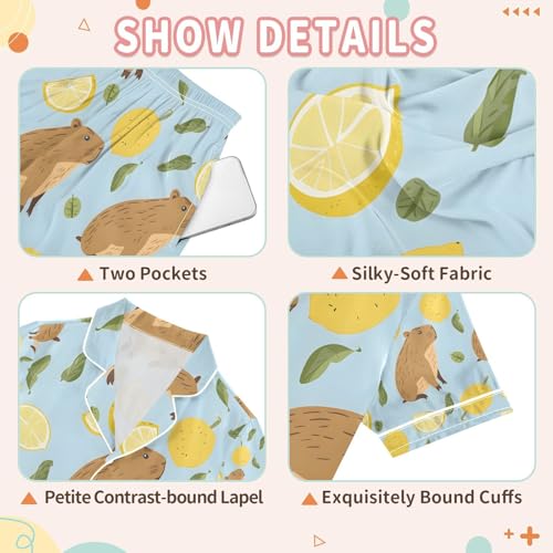 senya Cute Capybara Lemon A Satin Summer Pajama Sets Silk Short Sleeve Button Down Sleepwear3