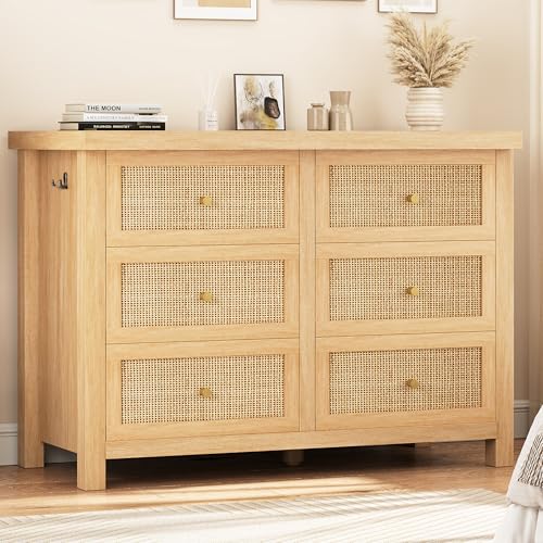 Jocoevol Rattan Dresser for Bedroom with 6 Drawers - 47'' Boho Chest of Large Drawers with Metal Handle, Large Storage Wood Bedroom Dresser for Living Room, Enterway, Hallway (Natural Oak)