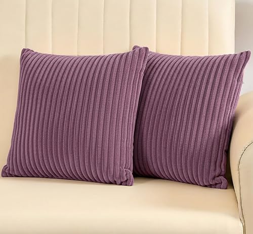 Yellow Weaves Pencil-Stripe Fur Cushion Covers | Soft Polyester | Decorative Sofa & Throw Pillow Covers | 16x16 Inches, Pack of 2 (Purple)