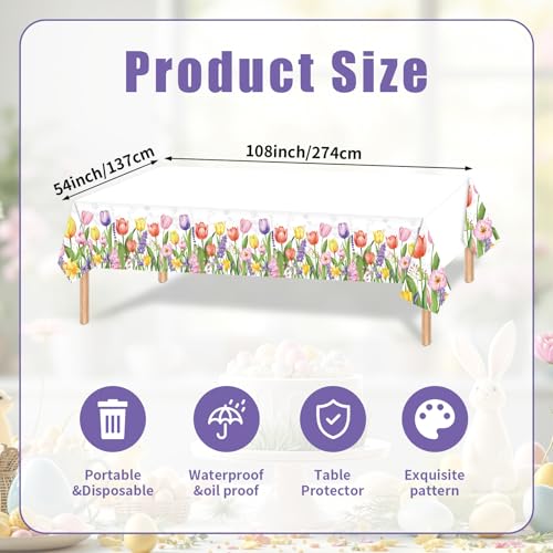 Image of Gistome 3-Piece 54 x 108 Inch Spring Floral Plastic Tablecloth - Colorful Wildflower and Tulip Border Disposable Table Covers for Garden Parties, Baby Showers, Picnics, and Spring Celebrations