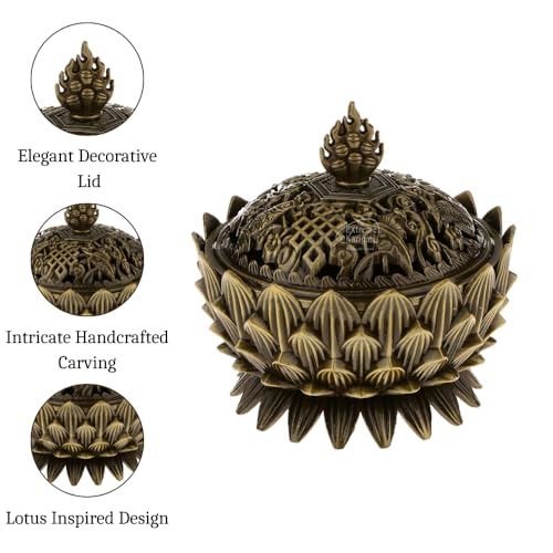 Image of Lotus Incense Burner, Bronze, Metal, 10cm x 10cm, Tibetan Style, with Lid, Dhoop Batti, Dhuni Holder for Temple and Home