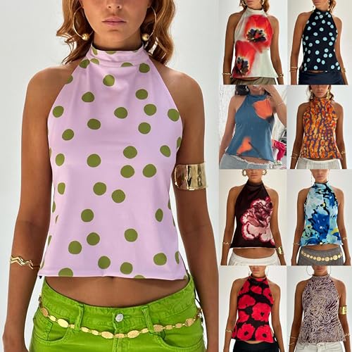 Open Back High Neck Tank Tops for Women Halter Mockneck Sleeveless Backless Floral Crop Top Y2k Summer Going Out Tops4