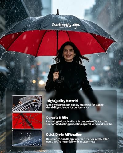 Image of ISABRELLA Umbrella for Men Big Size, Large Golf Umbrella with Fiberglass Shaft, Anti-slip handle, One-Click Auto Open, 60 Inch Big Umbrella for Men, Women, Family - Ideal for 3-4 People