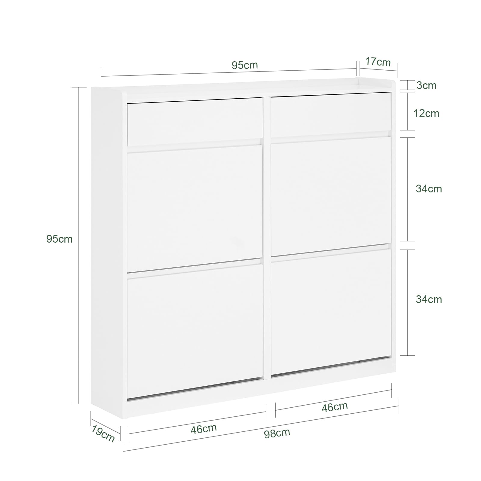 SoBuy Scarpiera Salvaspazio con 4 Ante Ribaltabili e 2 Cassetti, Grande Capacità, Mobile Scarpiera per Ingresso e Corridoio, Ideale per Piccoli Appartamenti - Design Moderno, 98x19x95cm – FSR169-W