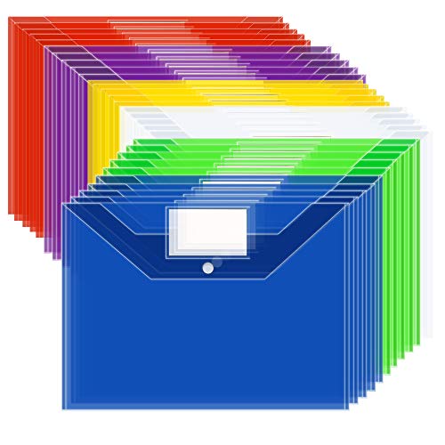 ALUWU Plastic Envelopes Poly Envelopes 30 Pack Letter Size A4 Plastic Wallet Transparent Clear Document File Folder Popper Snap Closure with Pocket File Bag for Work Office School Home Assorted Colors