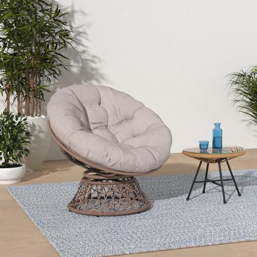 Image of Bme Ergonomic Wicker Papasan Chair with Soft Thick Density Fabric Cushion, High Capacity Steel Frame, 360 Degree Swivel for Living, Bedroom, Reading Room, Lounge, Silver Cloud - Brown Base