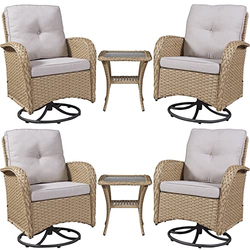 Rilyson Wicker Rocking Chair Swivel Chairs – 6 Piece Rocker Patio Furniture Set Rattan Rocking Bistro Sets With Glass Top Side Table For Outdoor Porch Deck Garden Backyard(Yellow/Beige) #TOP15