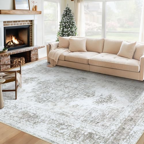 XLUEZ Area Rug 6x9 Living Room Rug, Machine Washable Vintage Distressed Medallion Rug Non-Slip Soft Low Pile Large Indoor Rugs for Bedroom Kitchen Dining Room Office(Taupe,6'x9')