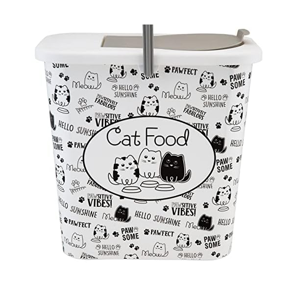 Pounce-Fetch-3-Gallon-Pet-Dry-Food-Container-with-Scooper-Cat-Food-Organizer-Helps-Organize-Pantry-and-Cabinets-Cats-Kitty-Print-Design-Carrying-Handle-Flip-Top-Lid Pet Dry Food Container with Scooper