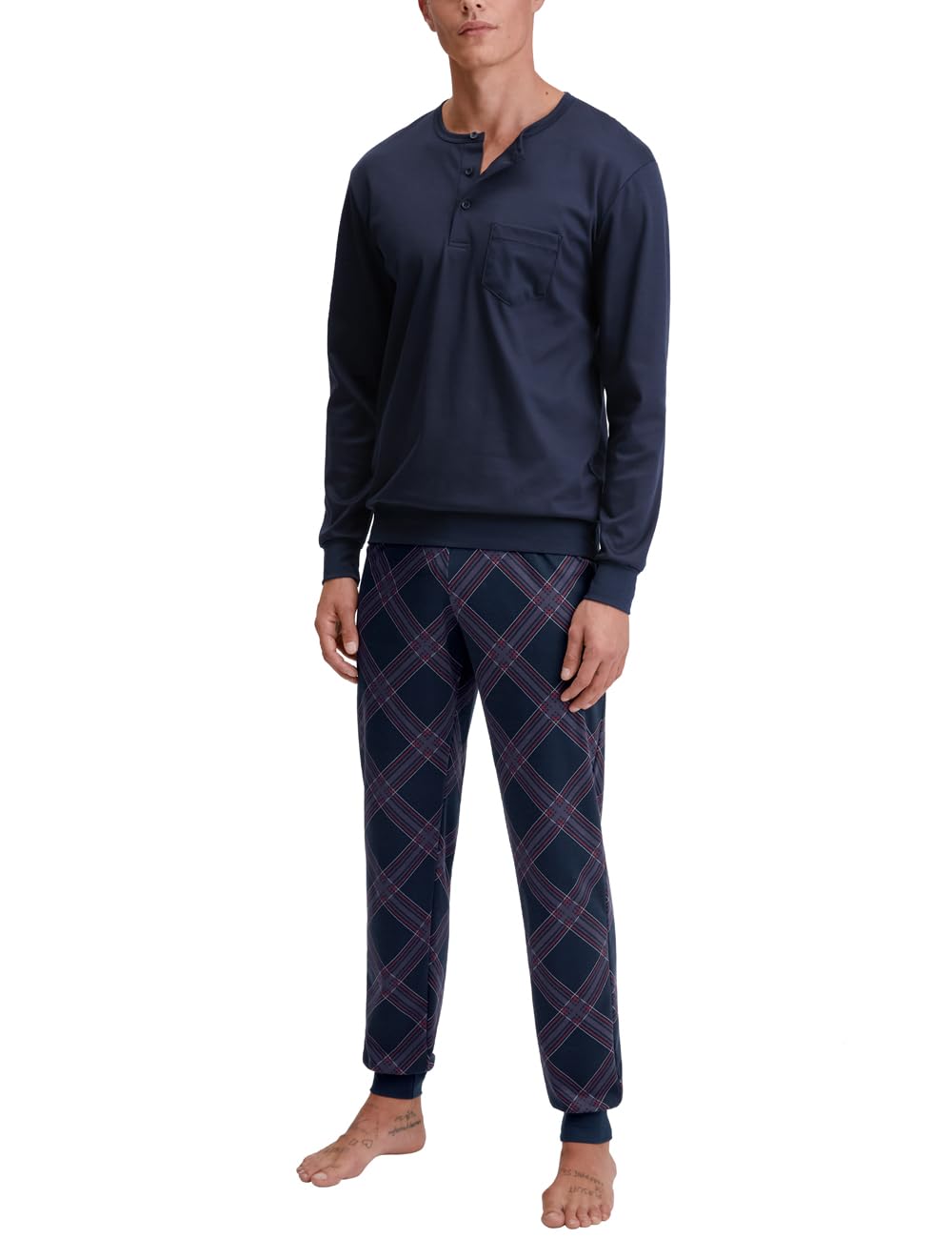 CALIDA Relax Comfy Bündchen-Pyjama Herren, 100% Dicker Baumwolle, stoffüberzogener Gummibund, lockerer Schnitt