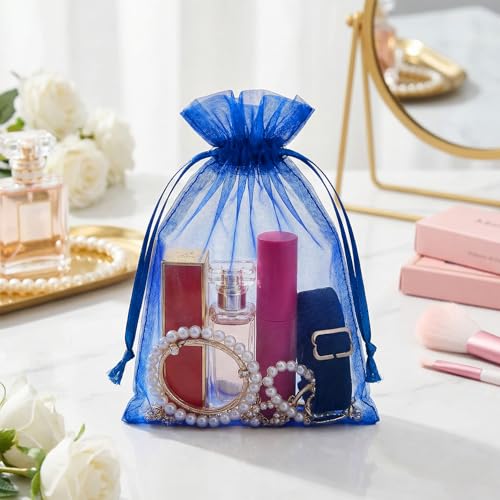 Image of FUNFERY 100Pcs Royal Blue Organza Bags 4x6, Small Mesh Drawstring Gift Bag | Little Jewelry Bags for Wedding Party Favors, Mini Drawstring Pouch for Sachet, Candy, Goodie, Treat Bag for Easter Day
