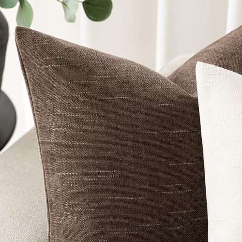 Image of Foindtower Set of 2 Soft Textured Chenille Throw Decorative Pillow Covers Square Accent Solid Cushion Cover Cozy Neutral Farmhouse Pillow Case for Couch Sofa Bedroom Living Room 16x16 Inch, Chocolate