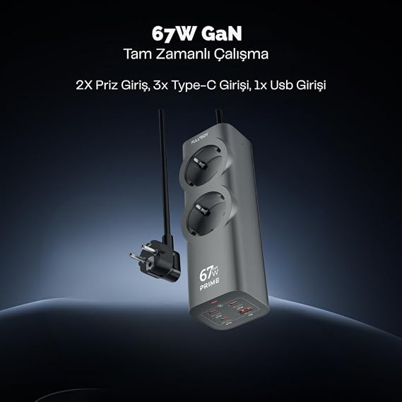 Akım Korumalı Priz, Güç Şeridi, 67W GaN Hızlı Şarj Adaptörü, Tam Zamanlı 6 Bağlantı Noktası, 2x Priz Girişi, 1x Usb Girişi, 3x Type-C Girişi, Yüksek Verimlilik (1.5 Metre)