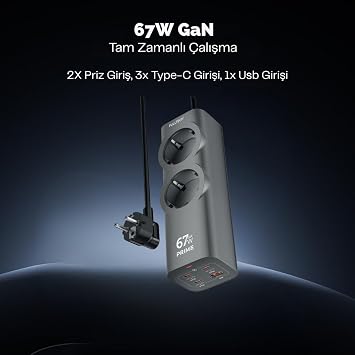 Akım Korumalı Priz, Güç Şeridi, 67W GaN Hızlı Şarj Adaptörü, Tam Zamanlı 6 Bağlantı Noktası, 2x Priz Girişi, 1x Usb Girişi, 3x Type-C Girişi, Yüksek Verimlilik (1.5 Metre)