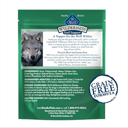 Image of Blue Buffalo Wilderness Trail Toppers Duck Wet Dog Food, 3 oz, 24 ct | High Protein, Real Duck #1 Ingredient, Bites in Hearty Gravy, Grain-Free Recipes, Helps Support Daily Hydration