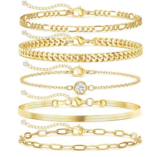 Image of DEARMAY Gold Bracelets for Women Waterproof Stackable Dainty 14K Gold Plated Rope Cuban Snake Paperclip Figaro Link Chain Pack Bracelet Adjustable Non Tarnish Fashion Accessories Jewelry Sets Gifts for Womens Mom