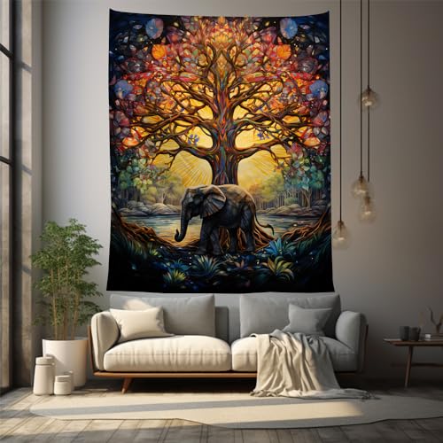 SHATSS Tenture Murale Éléphant Arbre Coloré Tissu Murale Tapisserie, Décoration Murale,Coton Tapisseries Chambre Tapisserie,Tapestry Murale...
