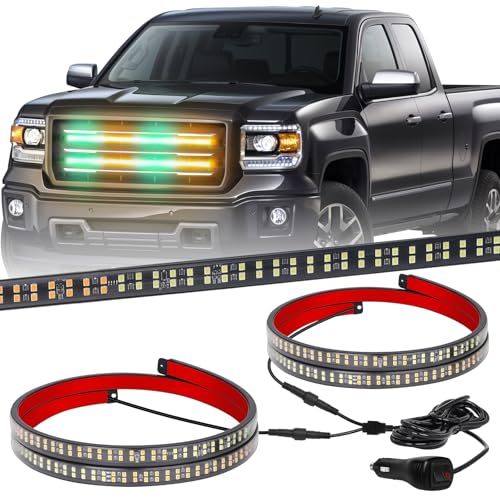 XRIDONSEN 2PCS 24 inch Truck Grill Emergency Lights Strip 288 LED Amber Green Grille Strobe Lights Flashing Warning Safety Waterproof First Responder Lights for Plow Trucks Construction Vehicles