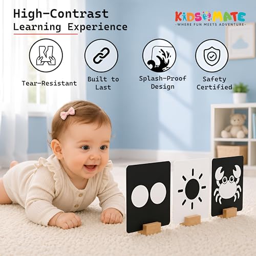 Image of Kidsmate Large Flash Cards for Babies 0-12 Months | High Contrast Black & White 60 Double-Sided Cards for Newborn Learning, Visual Stimulation, Brain Development & Tummy Time (Holder Included)