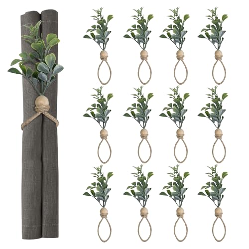 MAOANME Napkin Rings Set of 12, Rustic Eucalyptus Napkin Holder Rings with Wood Bead, Farmhouse Green Leaf Napkins Ring Bulk, Boho Napkins Ring for Wedding, Table Decor