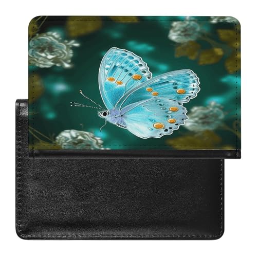 Light Blue Butterfly Passport Holder for Travel Document Holders PU Leather Credit Card Holder Minimalist Front Pocket Wallet Fashion Passport Wallet Cover Case Slim Bifold