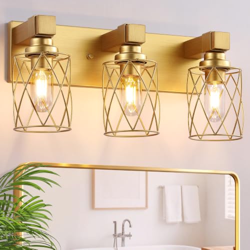 Image of Bathroom Light Fixtures, 3 Light Brushed Gold Wood Vanity Lights