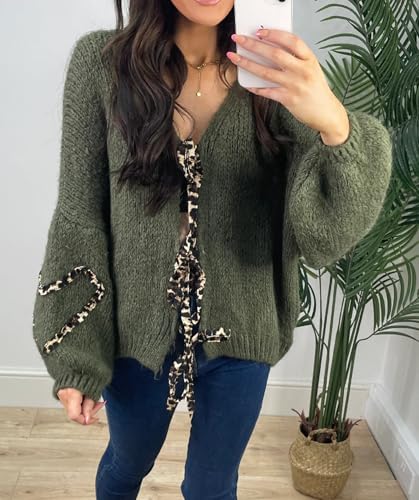 Image of Women's Tie Knot Leopard Heart Print Knit Cardigan Oversized V Neck Open Front Bandage Sweater Trendy Fall Knit Outwear