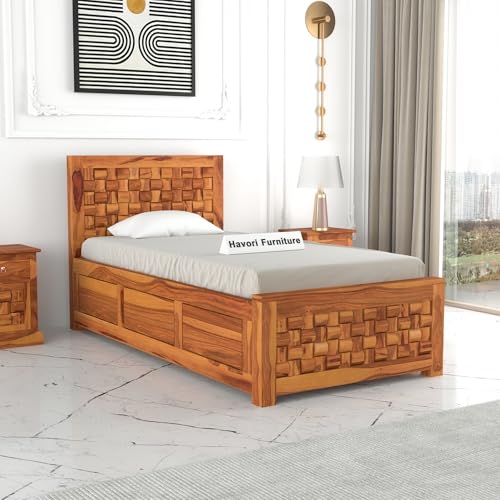 Image of Solid Sheesham Wood Single Size Bed with Box Storage for Bedroom Living Room Single Cot for Home Wooden Palang for Hotel (Honey, Size 6 * 3)