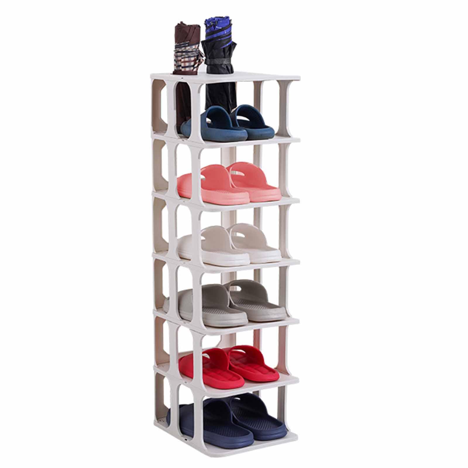 BHFPFZA Slim White Shoe Rack with Umbrella Holder Expandable MultiLayer Design SpaceSaving Tall Entryway Organizer Ideal for Narrow Spaces (White 6)