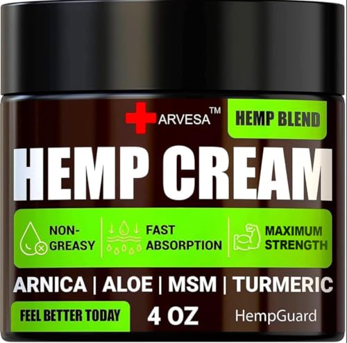 Natural Hemp Cream - Maximum Strength Gel with Arnica, Turmeric, Glucosamine, MSM, Menthol, Aloe Vera, Hemp Oil, Turmeric Non-Greasy, Pleasant Scent