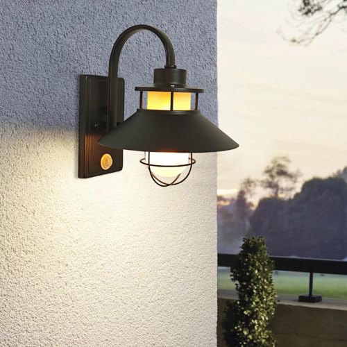 KAWELL 玄関灯 人感センサー 玄関照明 シンプルなデザイン 外灯 工業風 フロストクリームガラスのシェード アンティーク調 門柱灯 壁直付型 防雨型 電球口金：E26*1（電球なし）、最大60W【電球別売り】 明暗センサー 明るい時は点灯しません (アンティーク E)