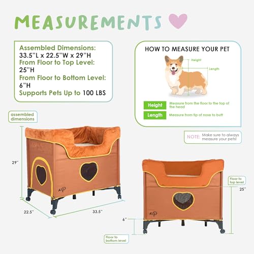 Petique Bedside Lounge Pet Bed, Bunk Bed for Medium Size Pets, Raised Lounge Bed for Cats & Dogs, Lion’s Den Design,Brown, 39.0"L x 22.5"W x 33.5"Th