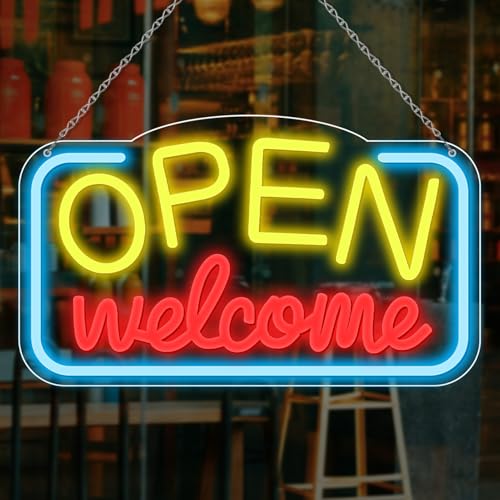 Image of Open Signs for Business, 16.9 inchX 9.4 inch Bright High Visibility LED Neon Open Sign Powered by USB with ON /OFF Switch, Adjustable Open Sign for Bar Shop Coffee Salon Hotel Store Walls Window Door Storefront - Yellow