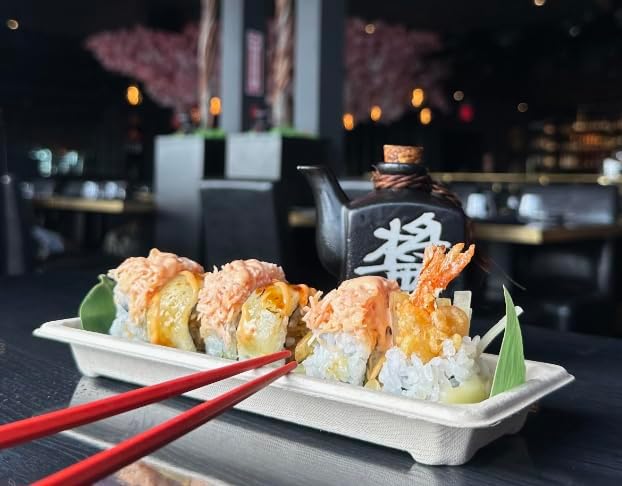 [400/pack] Small Compostable Sushi Trays with Lids - Natural Sugarcane Bagasse Take Out Sushi Container - Biodegradable, Disposable Sushi Plate with Lid, Eco, To go, Serving Tray