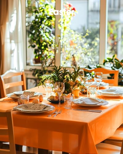 Image of Pureegg Plastic Table Cloth Disposable 10 Pack, 54 x 108 Inch Table Cloths, St Patricks Day, Christmas Decorations, Tablecloths, Rectangle, Forest, Plastic Cover, Leakproof & Sturdy, Orange