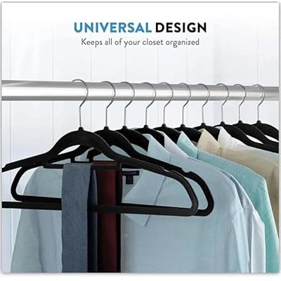 Tento Home Pack of 50 Black Velvet Non-Slip Suit Hangers Including Tie Holder 360° Silver Rotation