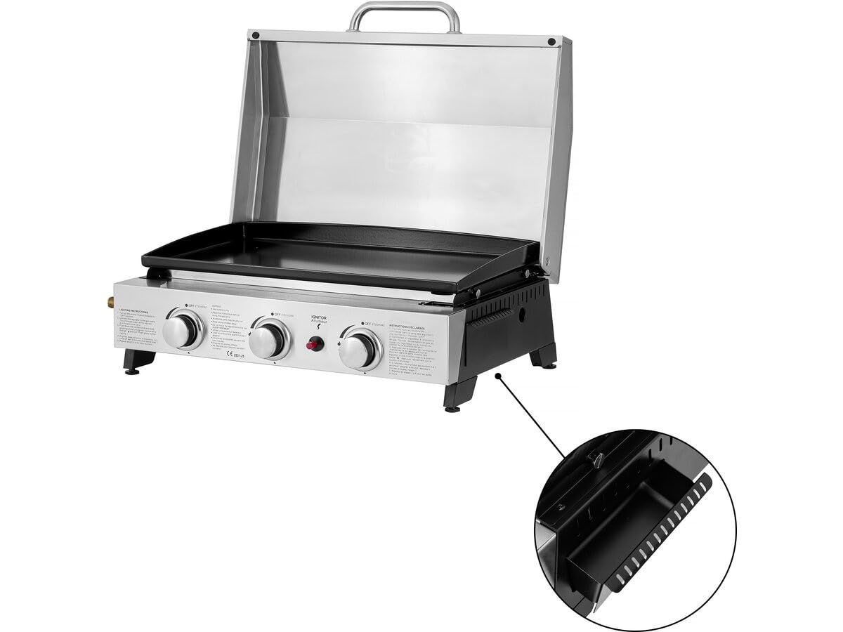 Plancha à gaz avec 3 bruleurs et Couvercle en métal Fasto - 7,5 KW - Gris